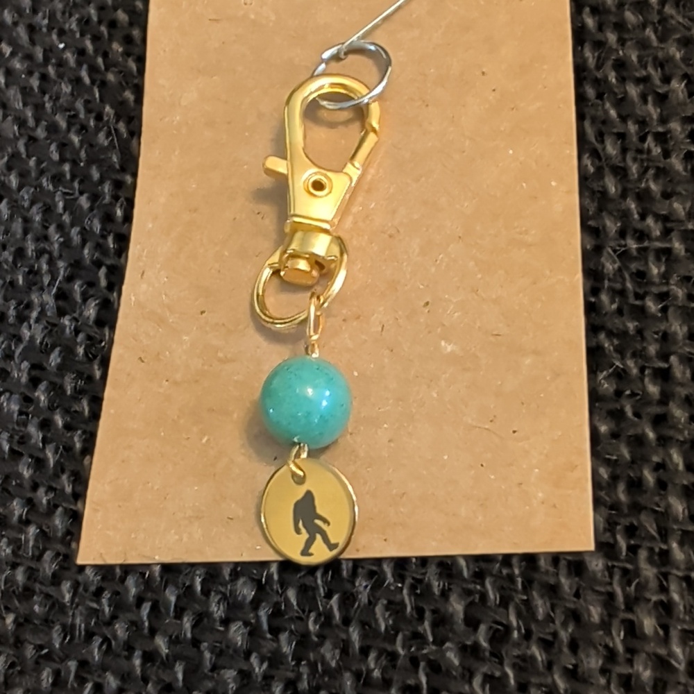 Gold Bag/Pet Collar Charm with Turquoise Bead and Sasquatch Disc